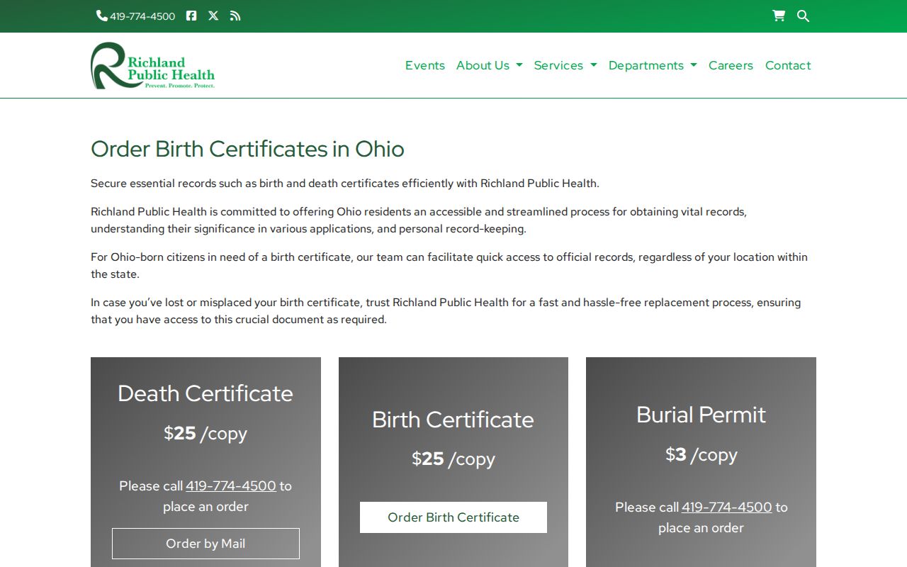 Mansfield residents directory Richland Public Health vital records page