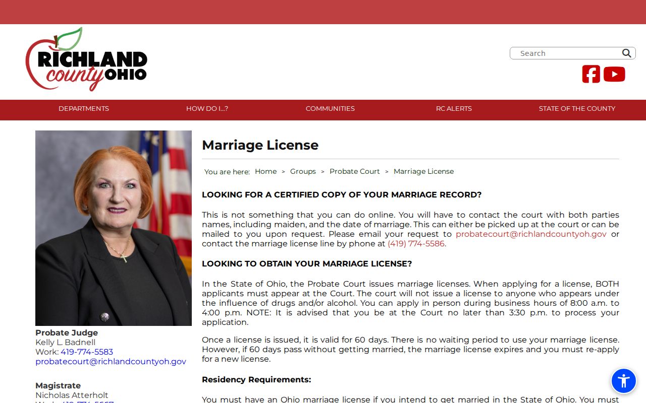 Mansfield residents directory Richland Probate Court marriage records page