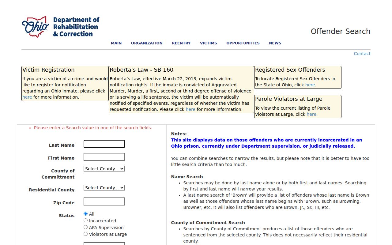 Mansfield neighbors Ohio DRC offender search limited public-safety source