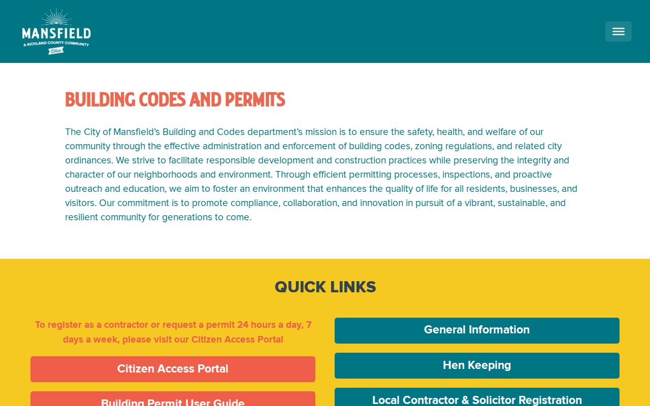 Mansfield street directory Building and Codes permit page